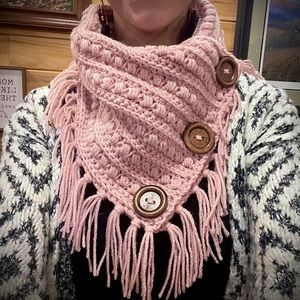 NEW HANDMADE Pink Crochet/knit Bella Cowl, wooden Buttons, western Fringe